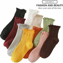 Cotton Ankle Socks - Ruffle Crew Style, Cute Frilly Design - 1 Pair Wine Red - View 6
