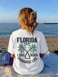 Camiseta Casual Blanca para Mujer con Estampado de Palmeras de Florida Paradise Life, Cuello Redondo, Hombros Caídos, Manga Corta, Corte Regular YESR - Blanco - Ver 10