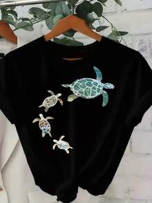 T-Shirt With Creative Letter Print, 100% Breathable Fabric, Suitable For Spring And Summer Casual Wear, Seasonal Clothing, Outdoor Parties, Christmas Parties, Lightweight T-Shirts, Beach Series, Spring And Summer Fashion, Cute T-Shirts For Ladies. - 黑色 - 查看 1