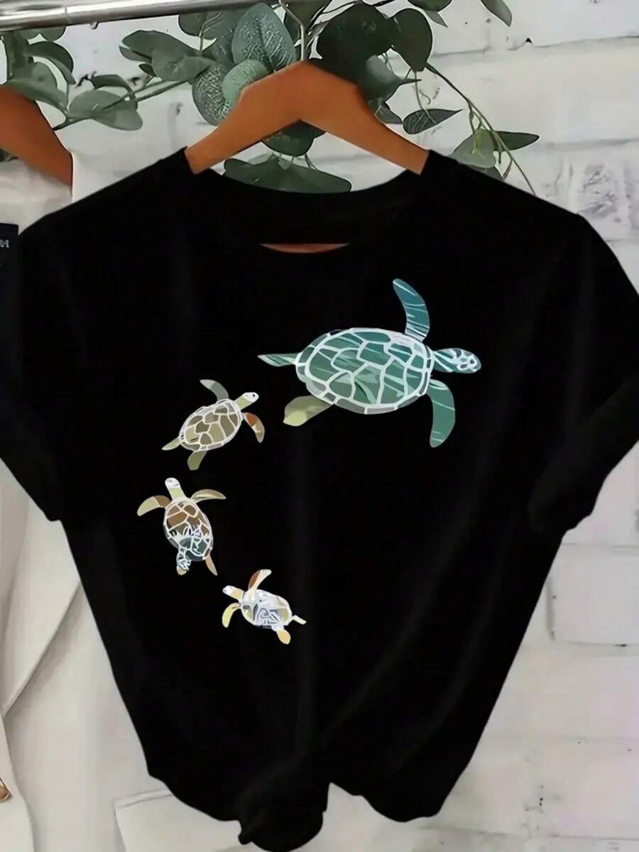 T-Shirt With Creative Letter Print, 100% Breathable Fabric, Suitable For Spring And Summer Casual Wear, Seasonal Clothing, Outdoor Parties, Christmas Parties, Lightweight T-Shirts, Beach Series, Spring And Summer Fashion, Cute T-Shirts For Ladies. - 黑色 - 查看 1