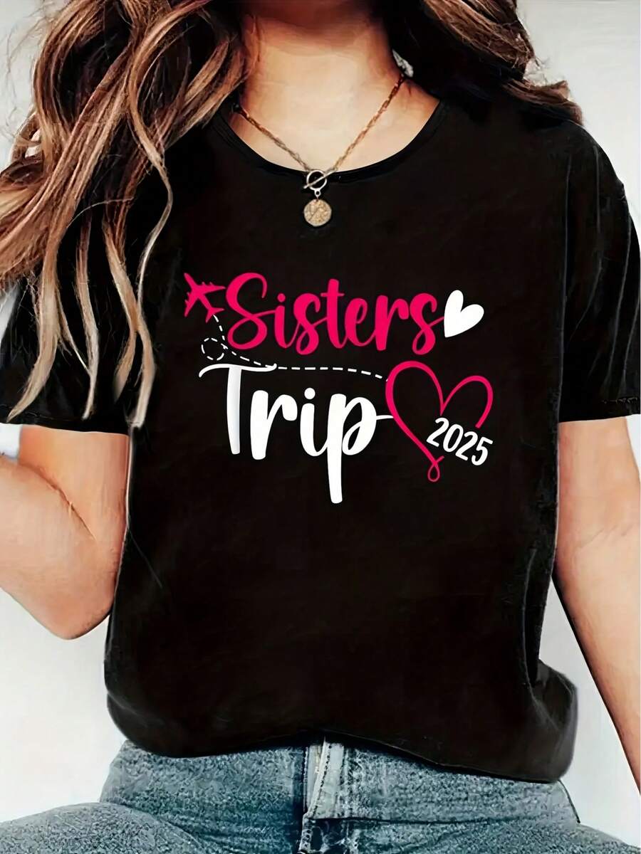 Camiseta Casual Minimalista - Camiseta con Estampado de Viajes para Hermanas - Top negro casual de manga corta y cuello redondo, con diseños de corazones y estrellas, adecuada para verano y primavera, para grupos de hermanas viajeras. | Camiseta con Estampado de Moda | Ropa Casual a - Camiseta Unisex de Manga Corta y Cuello Redondo de Algodón Suelto Estilo Vintage Urbano - Negro - Ver 1