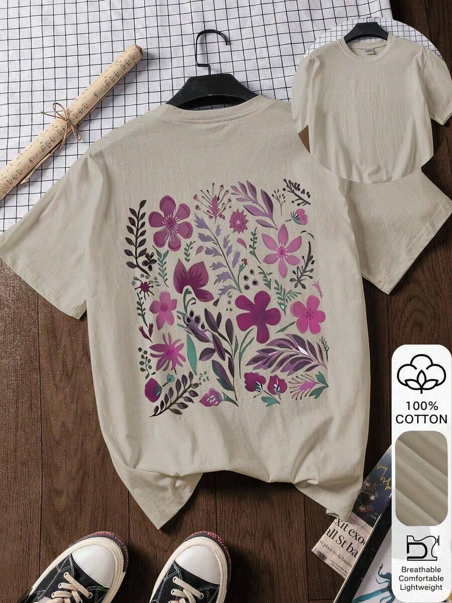 Camiseta de algodón 100% con cuello redondo y manga corta, estampado floral, camiseta de verano, camiseta de mujer, parte superior, parte superior de verano, atuendo de vacaciones, equipo de viaje, estilo de playa, ropa de resort minimalistaPure-Cotton - Albaricoque - Ver 1