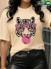 2026 New Cotton-shirtCamiseta de manga corta para mujer, adecuada para uso diario, salidas casuales, vacaciones y fines de semana, con estampado de cabeza de tigre con gafas rosas y chicle de burbuja, cuello redondo, sin bolsillos laterales, sin cremalleras, sin botones, fabricada en poliéster, estilo casual y divertido, para primavera y verano. Envío nacional Algodón ligero - Albaricoque - Ver 2