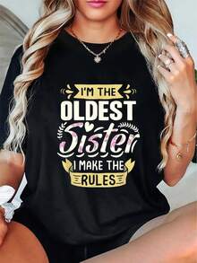 Camiseta Drtida de Talla Grande "Soy la Hermana Mayor, Yo Pongo las Reglas" - Negra con Letras en Amarillo y Rosa - Camiseta Combin para Hermanos y Hermanas - I para Uso Diario o Cumpleaños - Lavable a Máquina - Regalo Drtido para Hermanas, Camisetas de Hermanas, Diseño de Texto - Negro - Ver 2