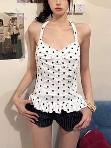 YeonC 女士波点露背吊带背心，荷叶边装饰，休闲校园风短款上衣，浪漫度假风女式吊带背心 - 白色 - 查看 5