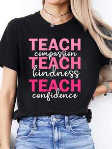Camiseta de Talla Grande para Mujeres con Alfabeto Español - Aprendize de Idioma Español, Blusa Casual de Cuello Redondo y Manga Cortara Español y Profesores, Ropa Casual, Tejido Elástico Medio Lavable a Máquina, Para Todo el Año - Negro - Ver 2