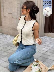 Camisa sin mangas minimalista de color contrastante para mujer, uso casual diario - Albaricoque - Ver 7