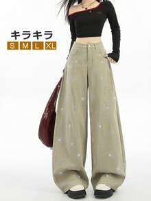 デニムパンツ キラキラ かわいい ラインストーン付き レディース ストレッチ 小さいサイズ 大きいサイズ カーブ ワイドパンツ カーブパンツ ワイド Gパン ジーパン ジーンズ ズボン 体型カバー ゆったり 楽ちん ハイウエスト ポケット コットン きれいめ カジュアル ウォッシュ加工 脚長効果 長ズボン ロングパンツ 春夏 秋冬 春 夏 秋 冬 - カーキ - チェックする 2