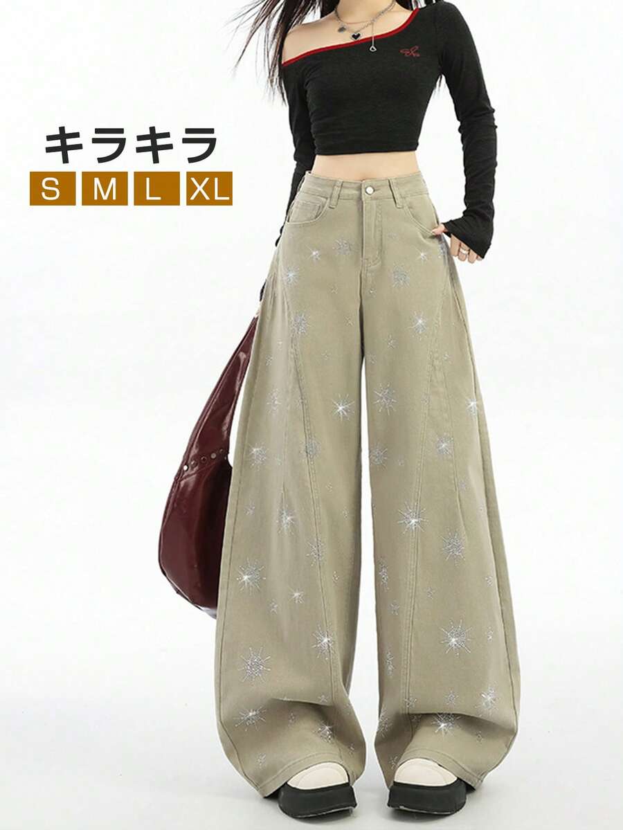 デニムパンツ キラキラ かわいい ラインストーン付き レディース ストレッチ 小さいサイズ 大きいサイズ カーブ ワイドパンツ カーブパンツ ワイド Gパン ジーパン ジーンズ ズボン 体型カバー ゆったり 楽ちん ハイウエスト ポケット コットン きれいめ カジュアル ウォッシュ加工 脚長効果 長ズボン ロングパンツ 春夏 秋冬 春 夏 秋 冬