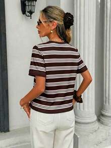 Frenchy Camiseta de mujer de manga corta, cuello redondo, ajustada y minimalista, adecuada para primavera/verano, con estampado de rayas rosa y marrón - Multicolor 3 - Ver 2
