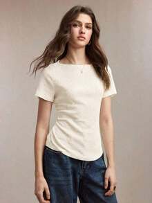 llegado de primavera/verano Camiseta de cuello barco en marfil, diseño de ribete en contraste negro, tejido texturizado, lazo de cintura ajustable, versátil para oficina, viajes, negocios, eventos sociales, formales, Día de la Madre, fiestas - Albaricoque - Ver 3