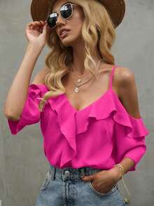 Blusa de volantes con hombros descubiertos de unicolor, estilo de vacaciones de playa para mujer - Rosa Fucsia - Ver 6