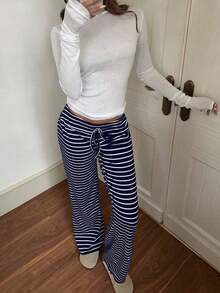 Pantalones deportivos de mujer de tiro bajo a rayas con cordón para la cintura, pantalones anchos de yoga/para el hogar, otoño/invierno - Azul y blanco - Ver 5