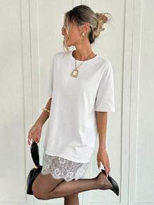 Vestido corto de verano de mujer con cuello redondo, mangas cortas de hombros caídos, parches de encaje y diseño holgado de un solo color - Blanco - Ver 5