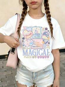 Disney The Most Magical Place On Earth  Summer Tops,Disney Disneyland Print Graphic Tee, Perfect For Cute Girls. Teen Girl Gift,Comfortable And Breathable Children's Short-Sleeved T-Shirt,Suitable For Both Boys And Girls.Suitable For Daily Wear, Vacations, Outdoor Activities, And As A Children's Gift. - trắng - Xem 2