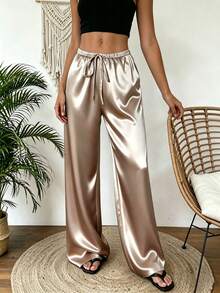 1pc Solid Color Drawstring Pocket Pants, Suitable For Home, Daily Wear, Holidays, Singles Party, Satin, All Seasons Spring - Apricot - View 2