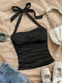 2 piezas Parte superior de verano con estampado floral, cuello halter y espalda descubierta, en color negro y albaricoque, para mujer - Multicolor - Ver 6