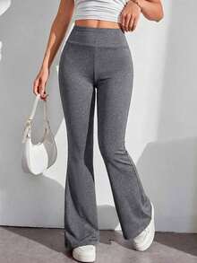 Pantalones con cintura alta de color liso y corte acampanado - Gris - Ver 5