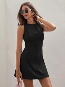 Vestido mini de unicolor para mujer, de moda para el verano - Negro - Ver 6