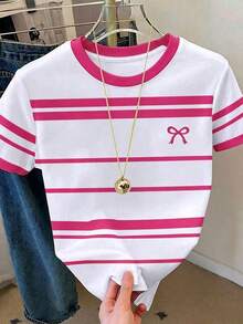 Camiseta casual de mujer con estampado de oso a rayas, verano - Rosa - Ver 1