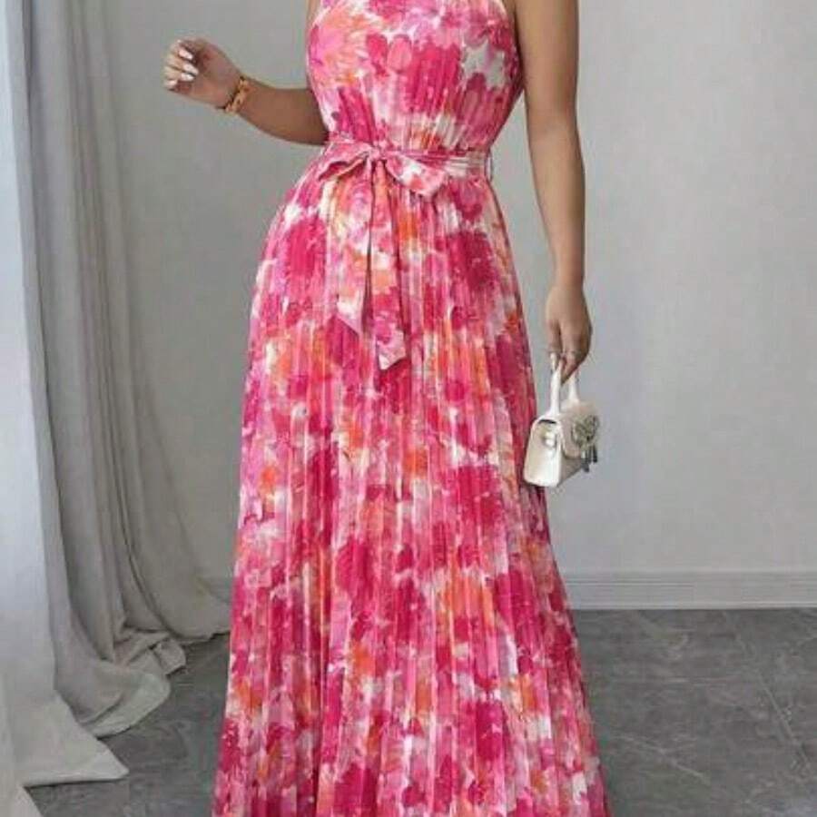 Plus Size Women's Spring/Summer New Romantic Vacation Style Fuchsia Halter Maxi Dress, Ombre Floral Pleated Slimming Long Dress. Suitable For Island Vacation, Beach Party, Holiday, Travel Photography, Urban Outing, Romantic Vacation Fashion - Multicolor - Ver 1