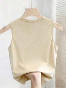 Top elegante de tirantes sin mangas de cuello redondo con contraste de color para mujer, verano - Albaricoque - Ver 2