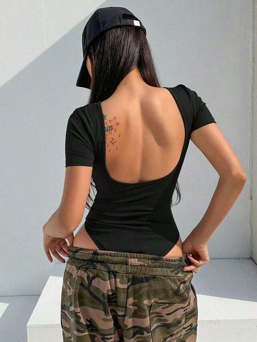 Mono de mujer de verano de manga corta, unicolor, con espalda descubierta y envolvente, camiseta informal tipo body Y2K para mujer - Negro - Ver 1