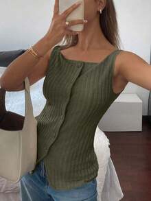 Camiseta sin mangas de verano para mujer de unicolor con botones frontales - Verde Oliva - Ver 5