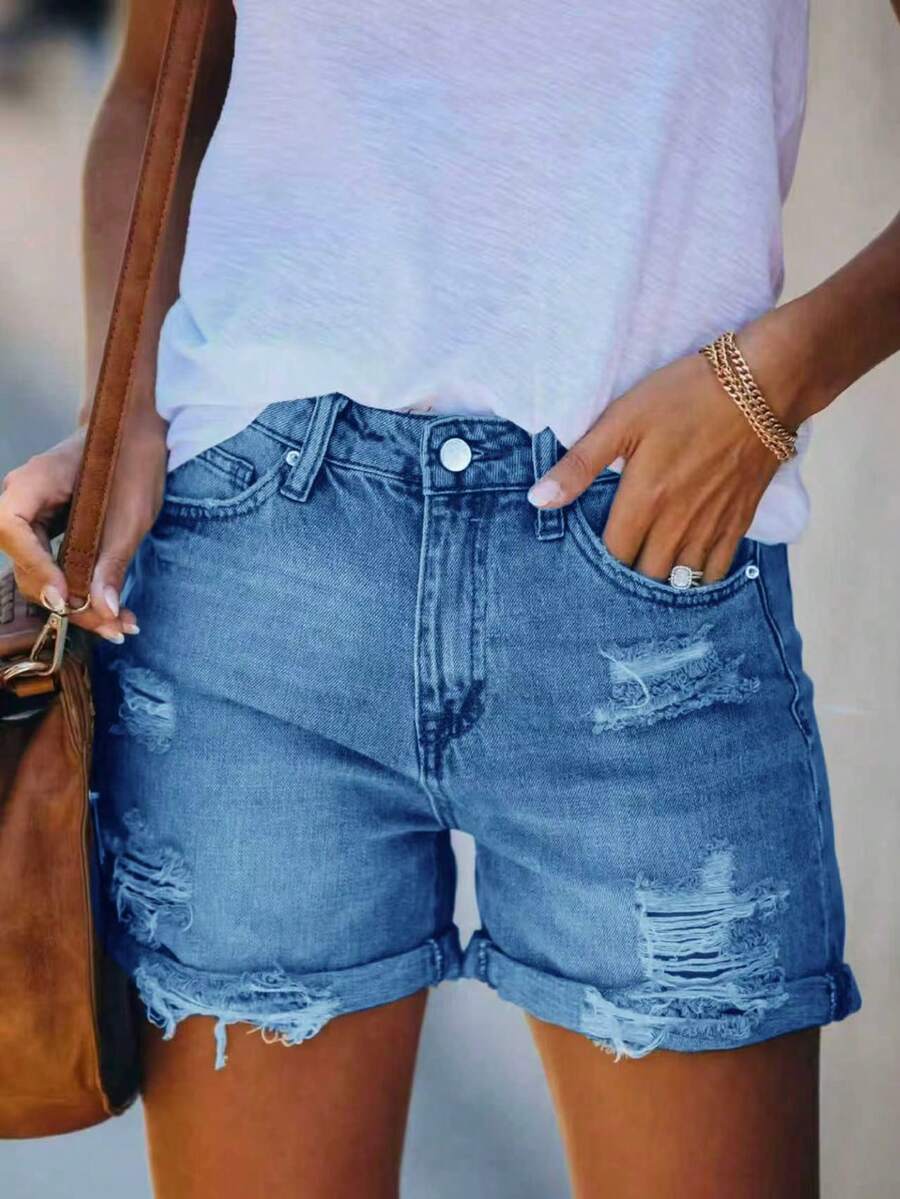 Women's Casual Distressed Denim Shorts With Chain Design, Straight Leg Non-Stretch Summer Shorts - Medium Wash - View 1