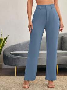 Pantalones de pierna recta unicolores - Celeste - Ver 8