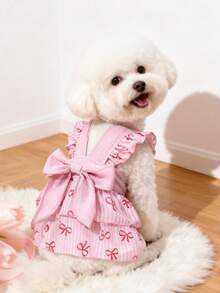 LUCKIE PAL 1pc Bow Print Flutter Sleeve Dress, Cute Princess Style Suitable For Chihuahua, Small Dogs, Wedding, Indoor & Outdoor Pet Clothing - Pink - View 2