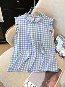 Camisas para mujer sencillas de uso casual/oficina con cuello con volantes, para primavera/verano - Azul y blanco - Ver 4