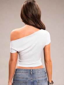 corta de manga corta asimétrica con hombros fruncidos de unicolor, ajustada, para vacaciones, primavera/verano - Blanco - Ver 2