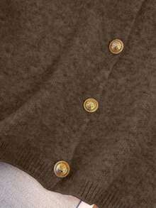 1 pieza Chaleco de punto de mujer minimalista de unicolor con botón de metal suave, parte superior casual versátil, suéter de moda de cuello redondo - Marrón 2 - Ver 6