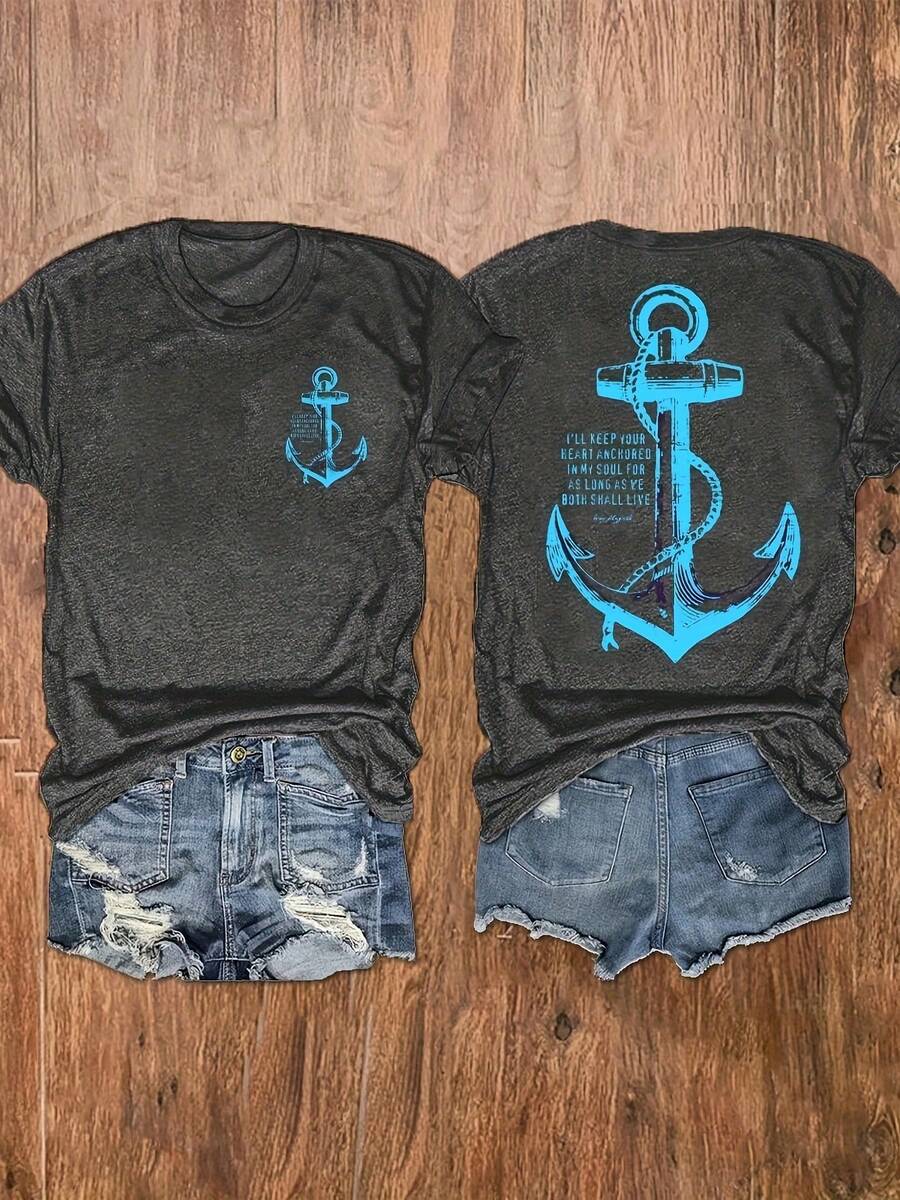 Camiseta estampada de cuello redondo, top casual de manga corta para mujer, ropa de mujer - Transpirable y agradable para la piel
