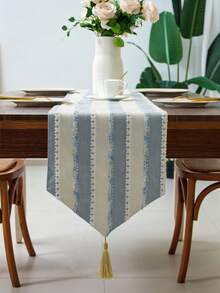 Coastal Light Blue & White Striped Table Runner With Tassel, Boho Farmhouse Textured Woven Dining Table Runner, Decorative Neutral Table Runner For Kitchen Living Room Wedding Party Indoor Outdoor Home Decor - Multicolor - View 2