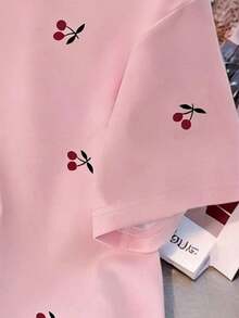Camiseta casual para mujer, gris, nuevo diseño de verano, cuello redondo, estampado de cerezas dulces, diseño gráfico, estilo estudiantil, ajuste versátil minimalista, adecuado para uso diario, al aire libre, viajes, cómodo, esencial para mujeres - Multicolor - Ver 3