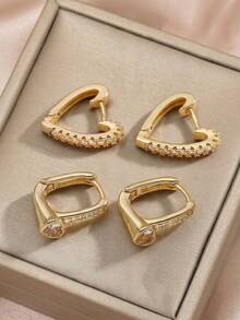 2 đôi bông tai hình trái tim đính đá Cubic Zirconia bằng đồng, phong cách Pháp nhẹ nhàng, phụ kiện đi làm hàng ngày, quà tặng Ngày Valentine cho bạn gái, bông tai thiết kế cao cấp độc đáo, quà tặng cho bạn thân. - hình trái tim - Xem 1