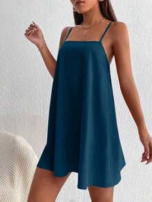 Vestido minifalda camiseta de unicolor minimalista y casual sin espalda - Azul marino - Ver 5