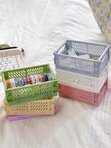 1pc Large Foldable Plastic Storage Basket, Desktop Foldable Storage Box, Student Stationery Organizer Shelf, Sundries Cosmetic Storage Basket, Stackable Small Basket - Multicolor - View 4