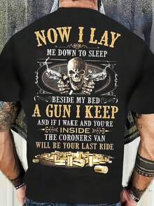 Camiseta de hombre con estampado de calaveras y letras - Diseño temático de armas "Now I Lay", camiseta de manga corta azul oscuro, adecuada para el verano al aire libre, camisa casual de cuello redondo con estampado. - Negro - Ver 1