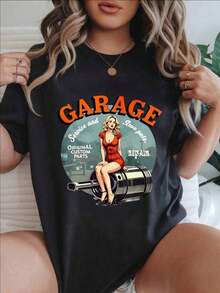Camiseta Casual de Manga Corta para Mujer - Garage Service And Love Pits, Piezas Originales Personalizadas, Cuello Redondo, Top de Verano, Lavable a Máquina, Camisetas para Damas, Ropa Casual, Estilo Moderno, Ajuste Cómodo  
 -Blanco - Negro - Ver 1