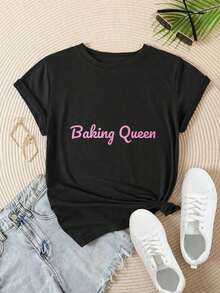 Women's Casual Short Sleeve T-Shirt - "Baking Queen" Summer Crew Neck Top, Machine Washable, Ladies' T-Shirts, Casual Wear, Modern Style, Comfortable Fit

-White - 黑色 - 查看 2