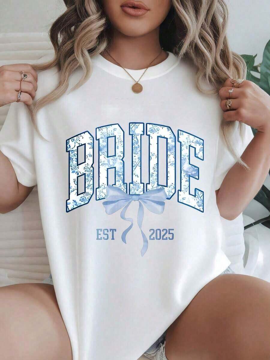 Women's Vintage Style Short Sleeve Casual T-Shirt - Blue Floral Design "Bride Est 2026" With Bow, Round Neck, Summer Top, Machine Washable, Ladies' T-Shirts, Casual Wear, Modern Style, Comfortable Fit
BlackFashion - 白色 - 查看 1