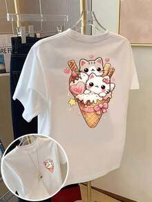Plus Size T-Shirts For Women - Loose Off Shoulder T-Shirt, Casual Short Sleeve T-Shirts, Short Sleeve Printed T-Shirt With Front And Back Designs - Adorable Cats, Ice Cream - Spring/Summer Printed T-Shirt For Women, Fashionable Item, Versatile And Casual, Breathable And Comfortable. - 白色 - 查看 11