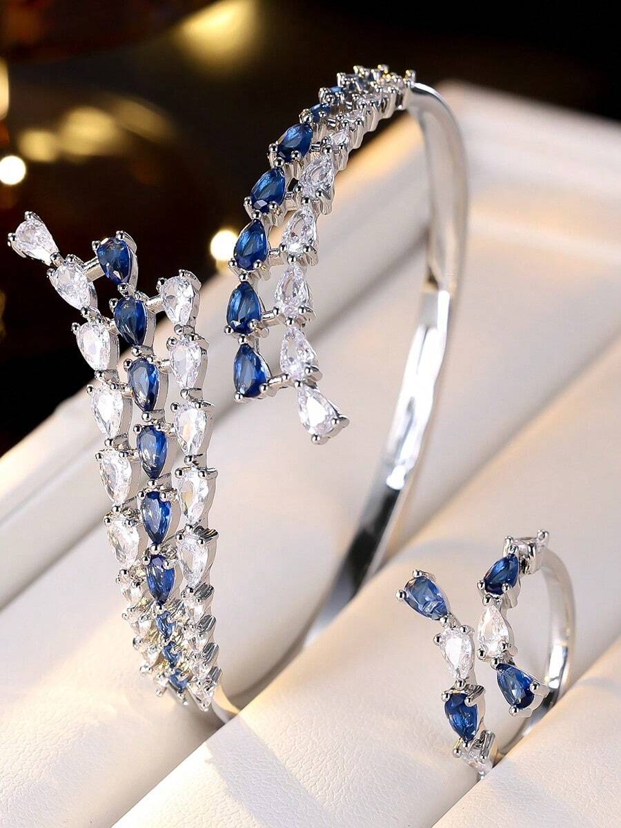 2pcs Elegant Rhinestone Water Drop Bracelet And Ring Set, Suitable For Workplace, Gala, Party And Formal Occasions - Bracelet Ring Set - View 1