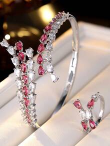2pcs Elegant Rhinestone Water Drop Bracelet And Ring Set, Suitable For Workplace, Gala, Party And Formal Occasions - Bracelet Ring Set - View 4