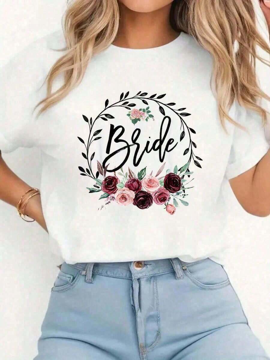 Summer1 pieza de camiseta 100% algodón con estampado floral para novia, despedida de soltera, boda, fiesta de despedida de soltera, camiseta linda con estampado gráfico para mujer, camiseta - Blanco - Ver 1