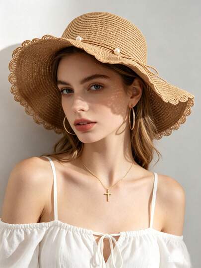 1 pieza Sombrero de sol de playa para mujer en color caqui con ola, detalle de perla falsa y lazo, elegante sombrero de sol para playa, viaje y vacaciones