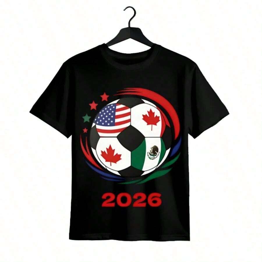 Tops para mujer Casual de Algodón de Manga Corta con Cuello Redondo y Estampado de Fútbol 2026 para Mujer, Corte Regular, Bonita con Tela de Elasticidad Media para Verano, Ropa de Verano para Mujer, Ropa de Vacaciones para Mujer, Tops para Mujer, Tops y Conjuntos de Verano, Ropa de Verano, Regalos de Pascua, Regalos de la Copa Mundial 2026 - Negro - Ver 1